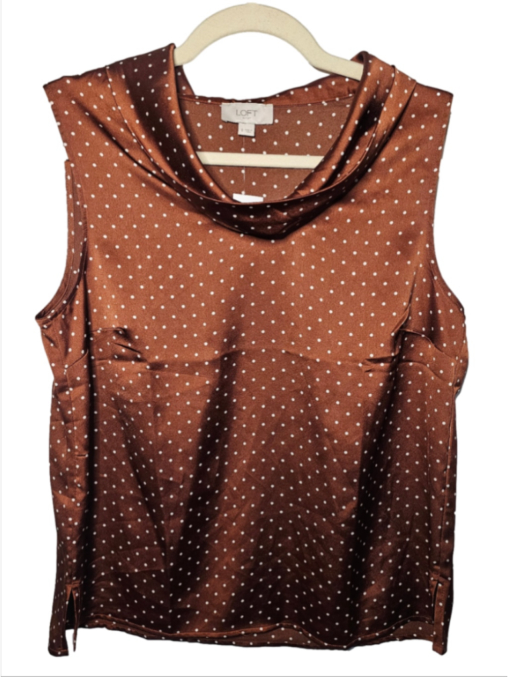 LOFT Chocolate Brown Polka Dot Cowl Neck Satin Blouse Top Tank Small NWT